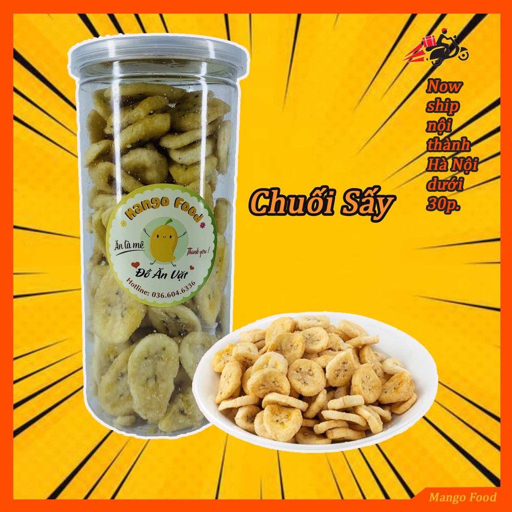 Chuối sấy khô giòn không đường đồ ăn vặt Hà Nội Mango Food đóng hũ pet siêu sạch trọng lượng 300g