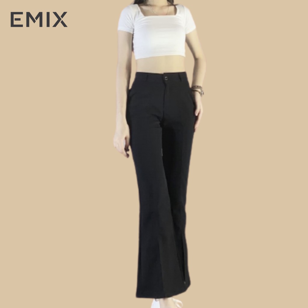 Quần tây nữ công sở ống loe xẻ trước EMIX (màu đen), cạp cao, dáng dài 92cm, khóa trước, xẻ vừa, chất tuyết mưa 2026