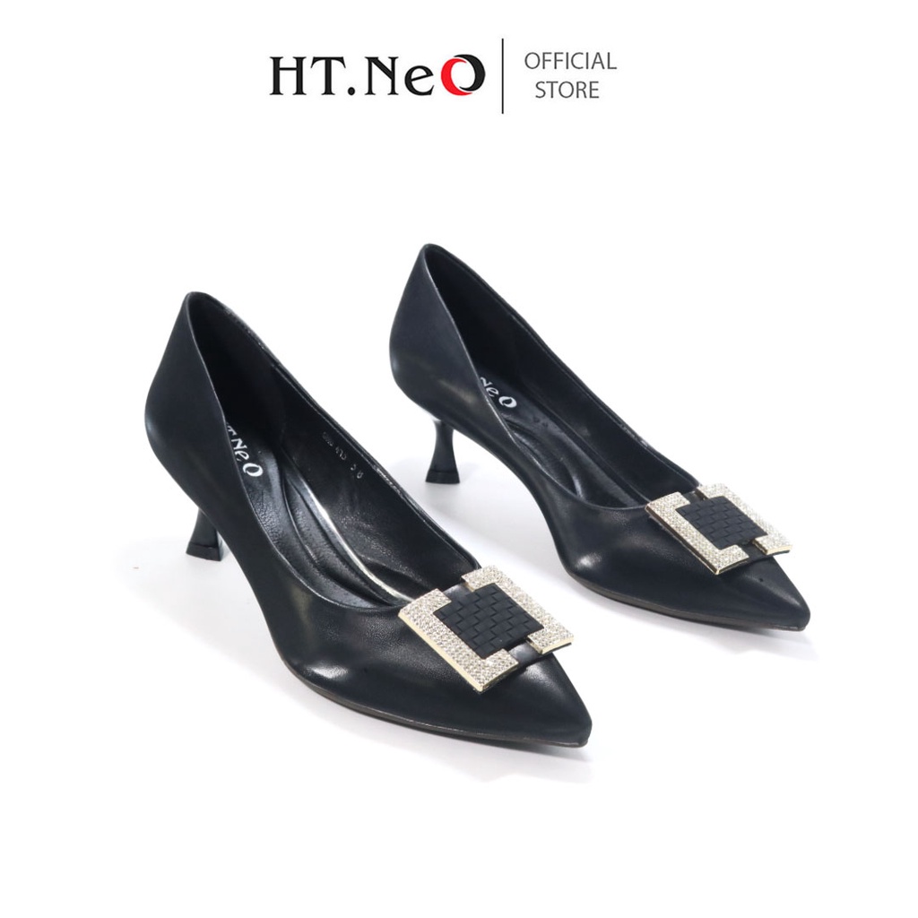 Giày cao gót nữ HT.NEO da bò thật êm mềm ,gót cao đến 5cm ,thiết kế nơ vuông đính đá sang trọng ,lịch sự GC35