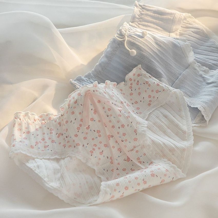 Quần lót nữ cotton viền ren gân tăm đinh nơ nhiều họa tiết dễ thương A128