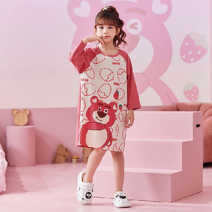 Đầm Ngủ Tay Dài Chất Cotton In Họa Tiết Hoạt Hình Phong Cách Hàn Quốc Xinh Xắn Cho Bé Gái