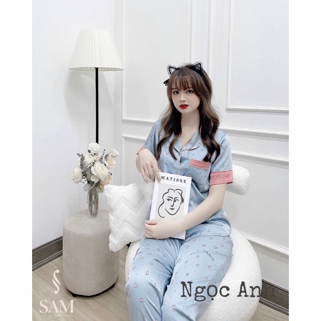 bộ lụa ngắn tay hãng sam - choco màu xanh mát mắt chất lụa mịn đẹp hàng cao cấp