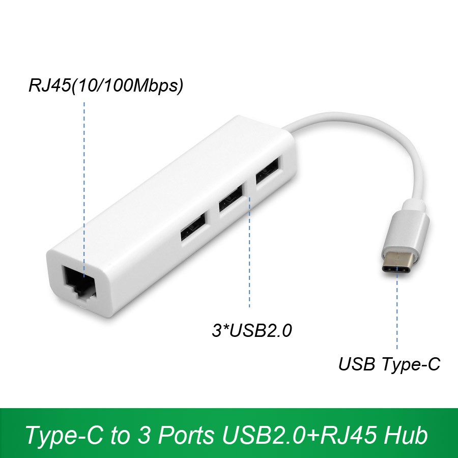Cáp chuyển đổi USB Type-C ra 3 cổng USb + cổng Lan RJ45