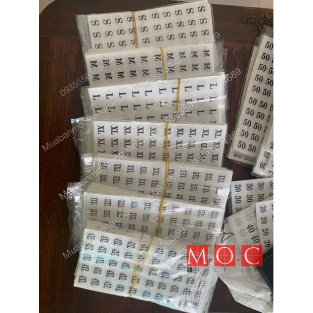 Bảng tem dán size các loại Sticker dán , quần áo,giày dép