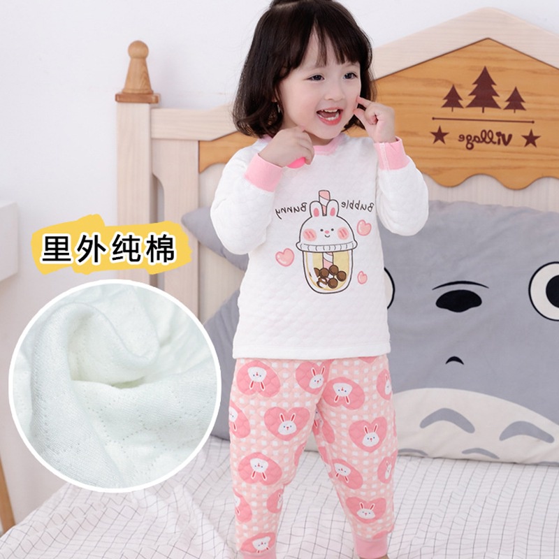 Bộ đồ ngủ 2 món tay dài ba lớp cotton giữ ấm in họa tiết hoạt hình cho bé trai bé gái