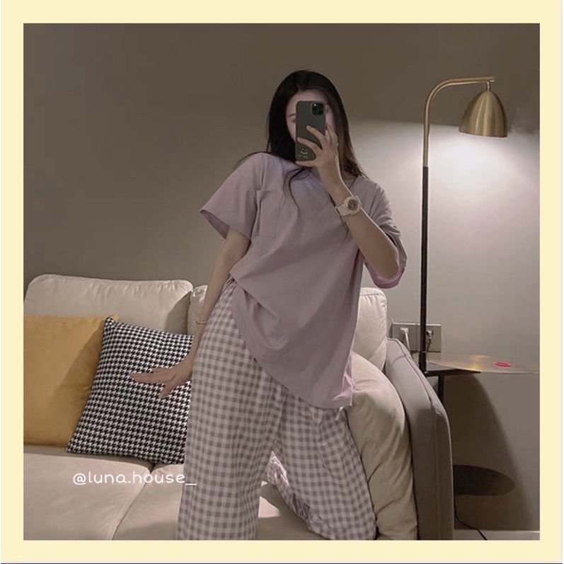 A13_Đồ Ngủ Pyjama Nữ Áo Cộc Tay Trơn Có Túi Ngực Quần Dài Kẻ Caro Chất Cotton Mặc Nhà Thoáng Mát Style Hàn Quốc