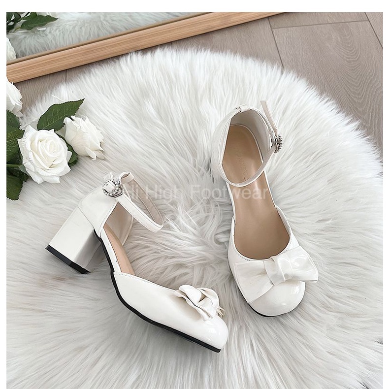 Giày búo bê kiểu Mary Jane công chủa đính nơ màu trắng kem, Giày búp bê cao gót nơ dễ thương lolita