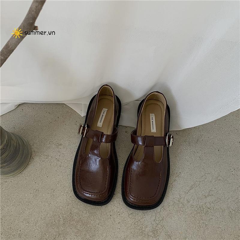 Giày Da Đế Mềm Mũi Vuông Thời Trang Xuân Hè Phong Cách Retro 2022 Cho Nữ