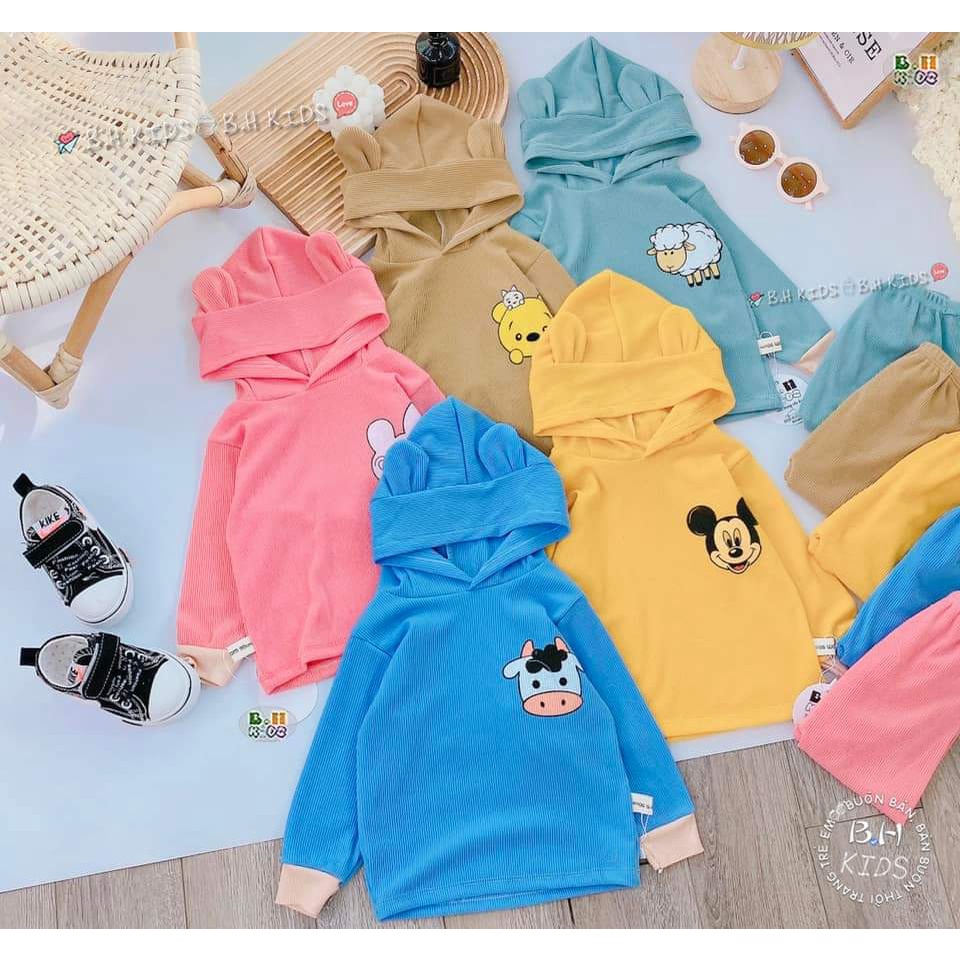 bộ dài tay minky mom chất thun gân kèm mũ cho bé