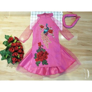 Áo dài gấm cao cấp thêu chim công hoa hồng cho bé