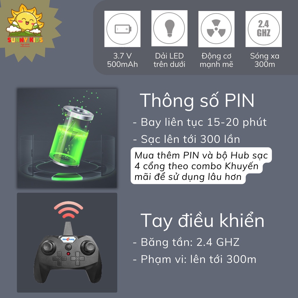 Đồ chơi Máy bay xốp điều khiển từ xa HW-37, kích thước lớn, vật liệu nhẹ, siêu bền, tầm bay 100m, PIN 20p - Sunny Kids