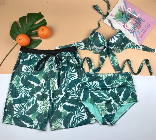 Bikini lưng cao áo crop nâng ngực lá xanh | BigBuy360 - bigbuy360.vn
