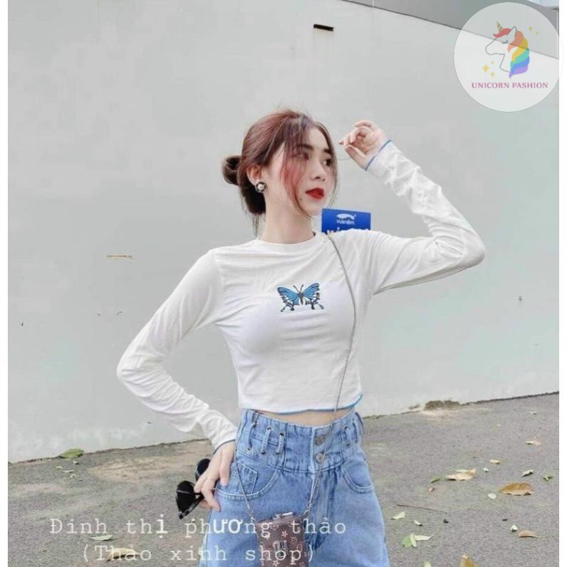 Áo Croptop Trắng Thun Tay Dài Cổ Trắng In Cánh Bướm Trắng Đen SHTACR06 Mys hitshop | BigBuy360 - bigbuy360.vn