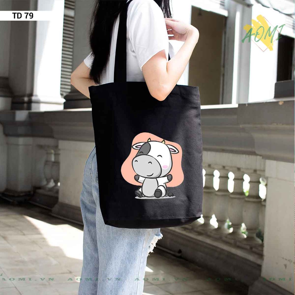 TOTE CANVAS MILK COW BO SỮA TÚI VẢI ĐEO VAI BAG CÓ KHÓA KÉO SIZE LỚN 33x38cm AOMIVN DU LỊCH MÀU ĐEN TRẮNG