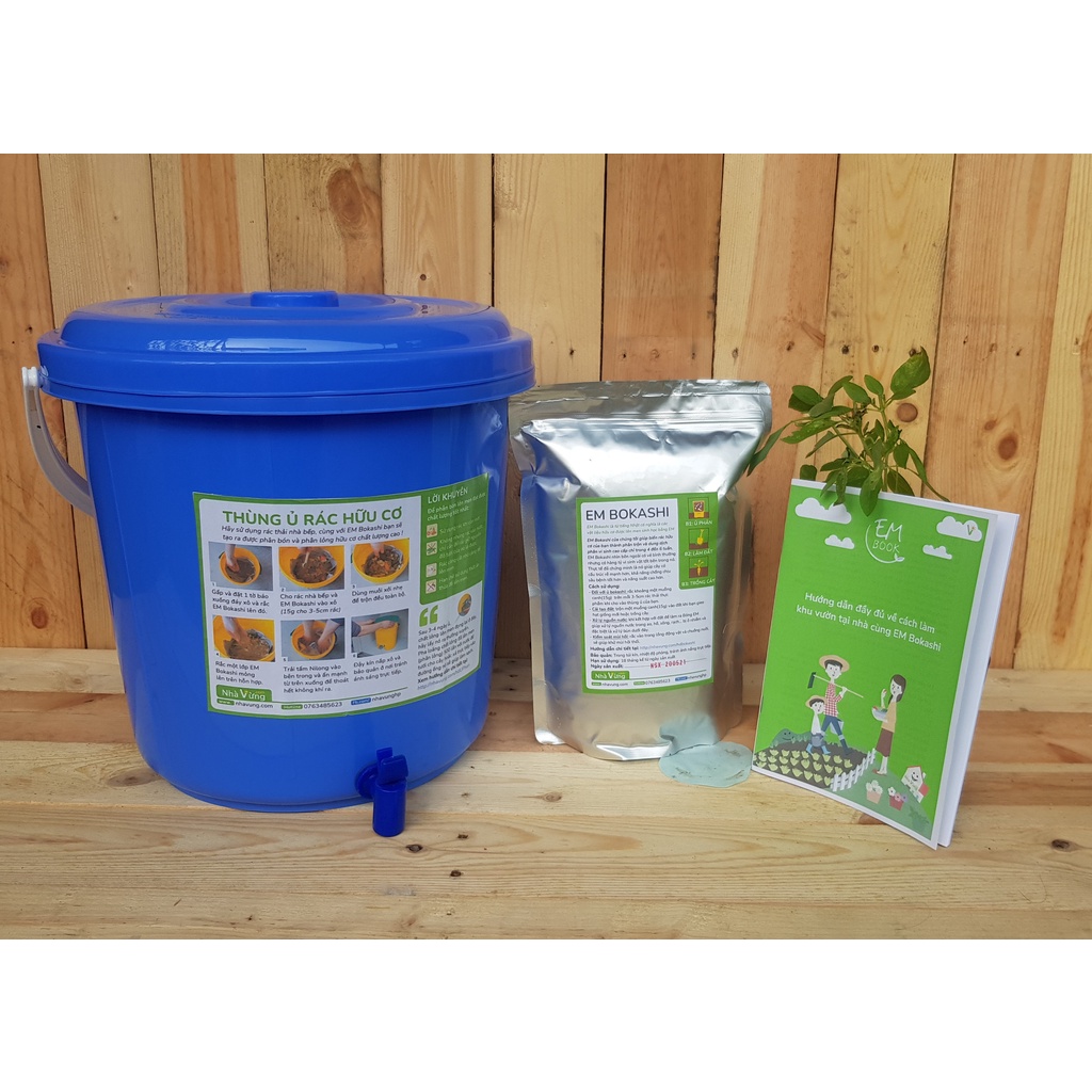 Thùng ủ rác hữu cơ thành phân hữu cơ EM Bokashi - Nhà Vừng (combo 2 thùng 22L + 3 túi EM Bokashi)