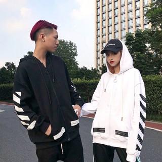 Áo khoác dây khóa kéo có nón in hình Off-WHITE thời trang cho nam nữ
