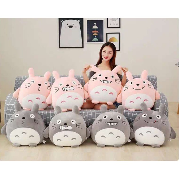 Chăn Gối Văn Phòng Totoro Tròn Biểu Cảm, Chu Môi, Cười Mỉm, Nhe Răng Màu Xám, Màu Hồng. Gấu Bông Đẹp Cho Bé