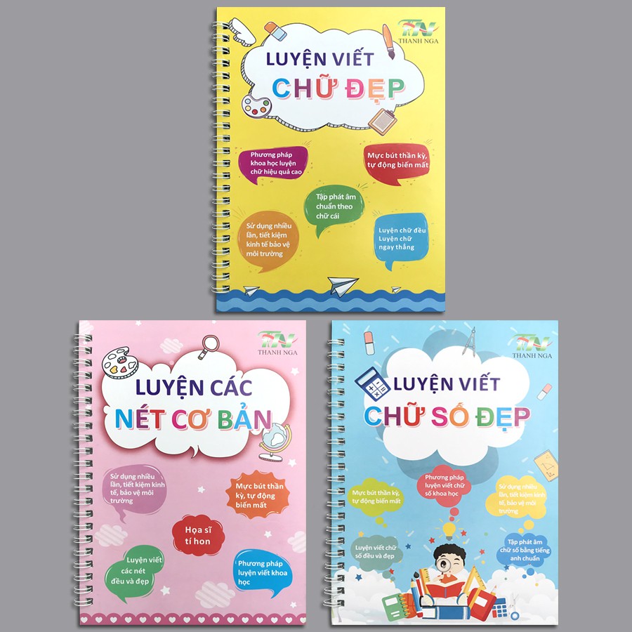 Sách - Bộ 3 cuốn: Luyện Các Nét Cơ Bản + Luyện Viết Chữ Số Đẹp + Luyện Viết Chữ Đẹp (Tặng 2 Bút Mực Bay Màu Kèm 7 Ngòi)