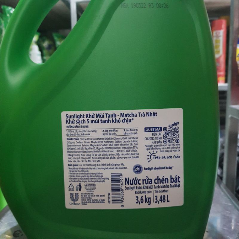 Nước rửa chén Sunlight Extra trà xanh matcha Nhật Bản chai 3.6kg
