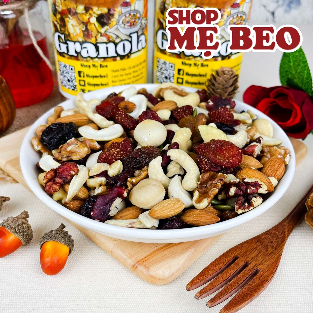 500Gr Granola 13 Loại Siêu Hạt Dinh Dưỡng Ăn Kiêng Giảm Cân Không Đường Hạt và Quả Shop Mẹ Beo. Macca. Óc Chó. Dâu Tây..