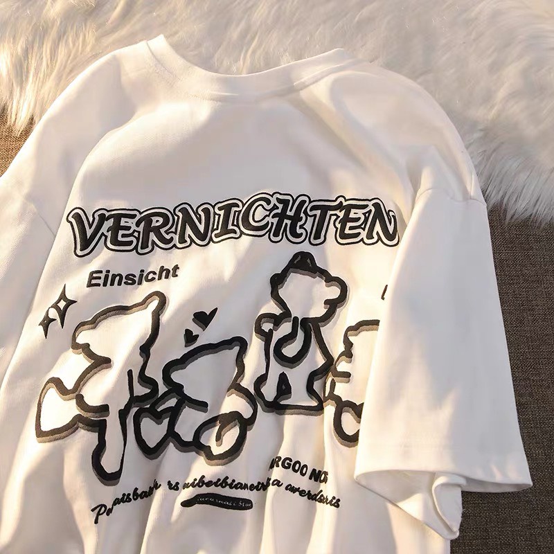 Áo phông nam nữ form rộng 2N Unisex thun cotton in Vernichten gấu trắng/hồng/đen