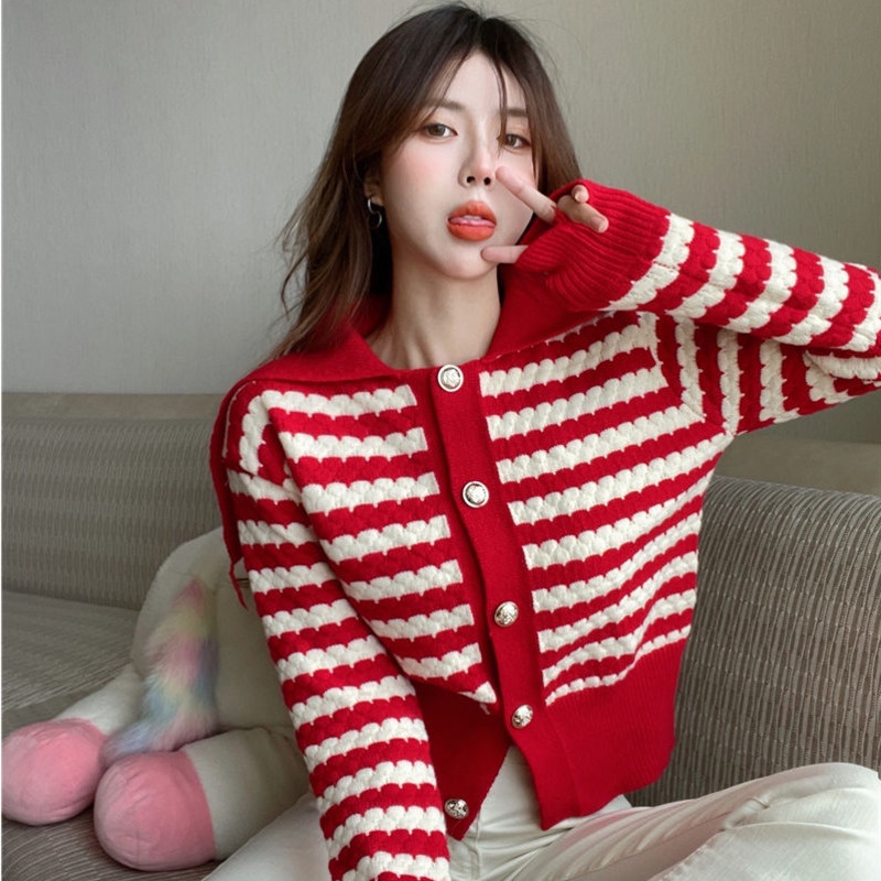 Áo Sweater Dệt Kim Cổ Bẻ Dáng Ngắn Họa Tiết Kẻ Sọc Phong Cách Retro Xinh Xắn