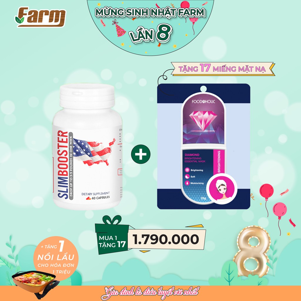 Viên giảm cân an toàn SlimBooster USA Chính Hãng - Tặng 17 Miếng Mặt Nạ Kim Cương Korea
