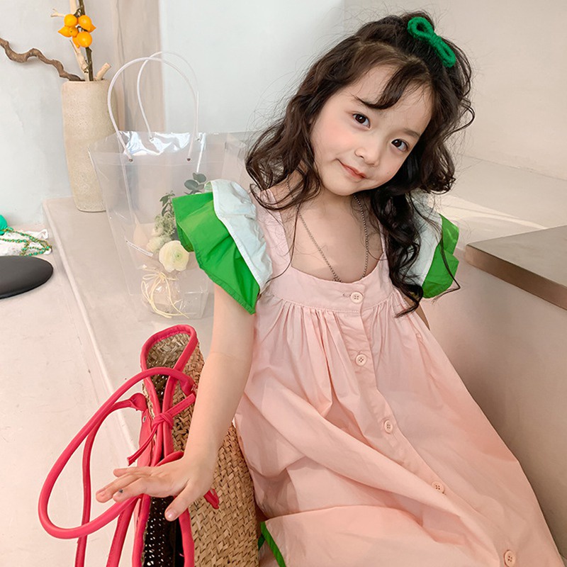 Đầm Công Chúa Tay Cánh Tiên Cổ Vuông Màu Trơn Thời Trang Mùa Hè Cho Bé Gái Se7en