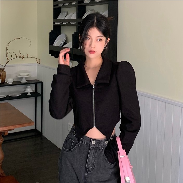 Áo Croptop Tay Dài Cổ Polo Thiết Kế Mới Thời Trang Mùa Thu Dành Cho Phái Nữ