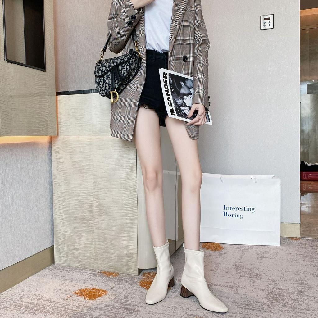 Giày bốt cổ cao co giãn đế vuông da ôm phong cách thời trang thu đông Hàn Quốc cổ điển dành cho nữ