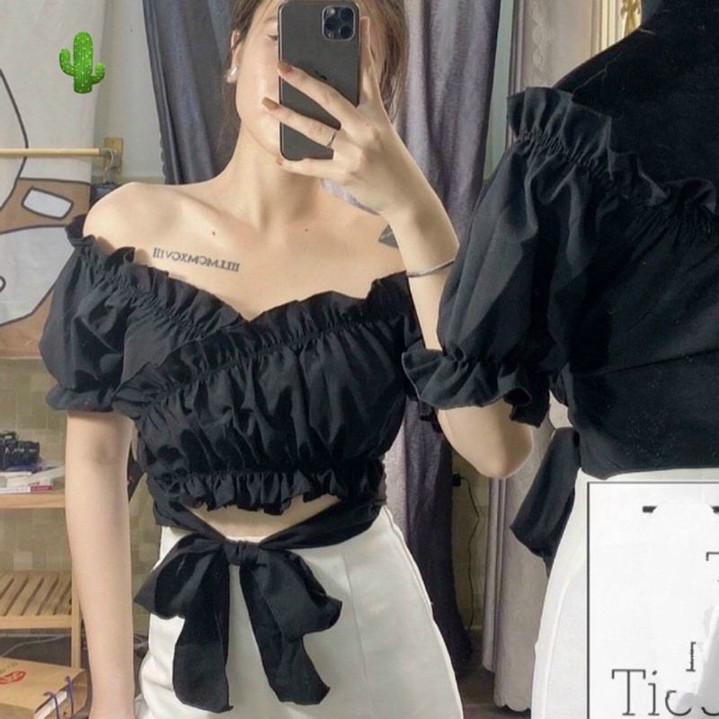 áo trễ vai bèo nhún cột eo , áo trễ vai croptop