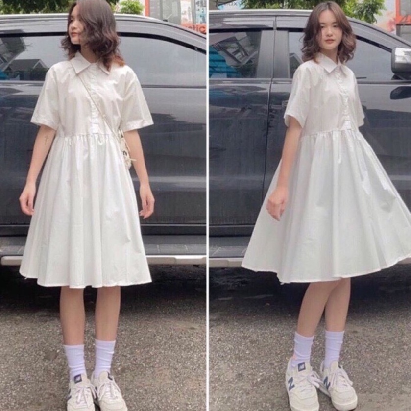 Váy Babydoll Trắng Tay Ngắn Dáng Xòe Đầm Đi Dự Tiệc Cưới,Đi Chơi,Form Rộng Cổ Sơ Mi Ulzzang Hàn Quốc VD044