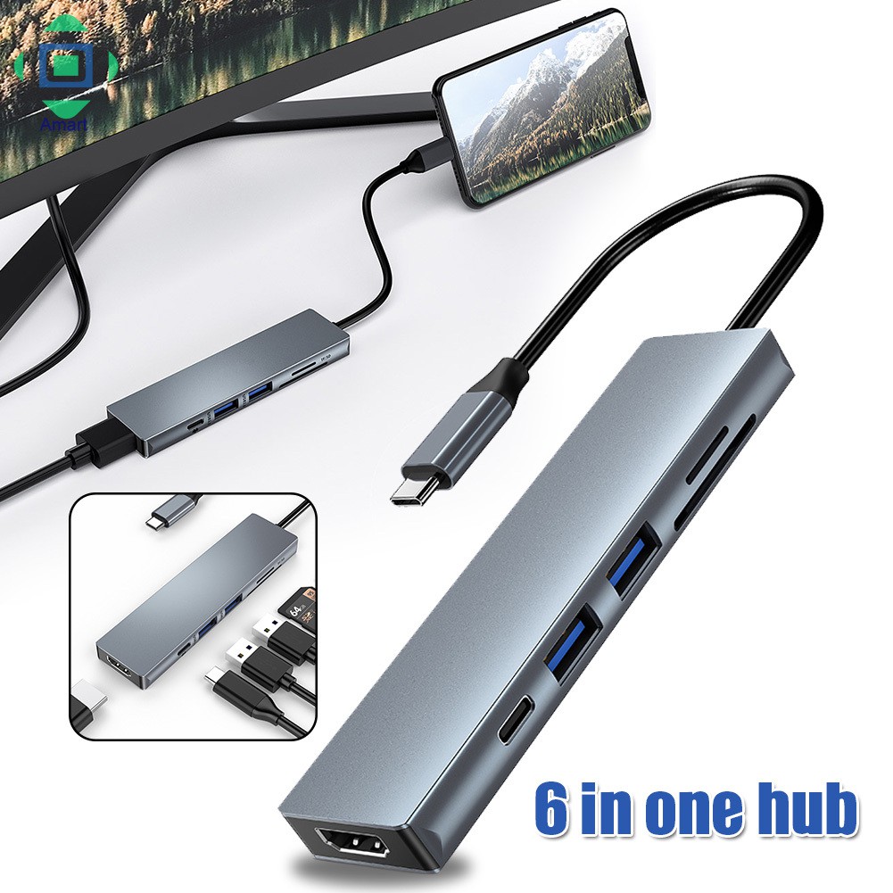AM 6-in-1 USB C Hub Type-C to HDMI 4K 2 USB 3.0 SDs TF Card Reader 100W PD Charging Adapter Dock Station for Laptop