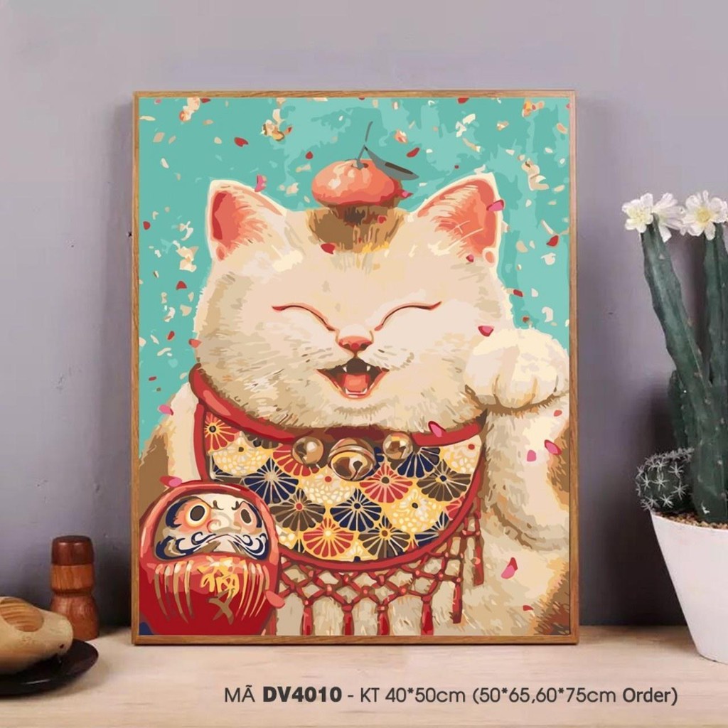 Tranh sơn dầu số hóa rẻ,đẹp-tranh tô màu theo số- tranh mèo thần tài , Tặng khăn,khung gỗ 40x50-Moonshop