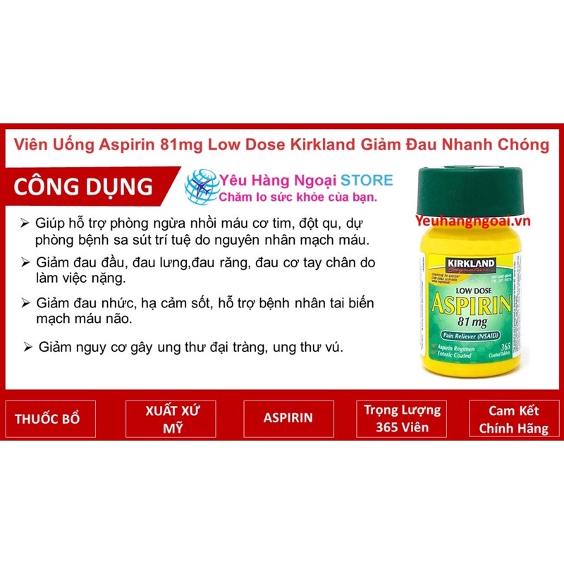 (Hàng Mỹ) ( Set 2 Hộp) Aspirin.81mg Kirkland Signature 365 Viên