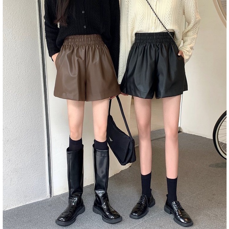 QUần Short Nữ vải Da PU cạp chun