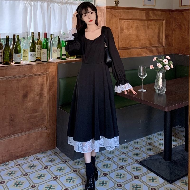 Đầm Cổ Vuông Nữ Dài Màu Đen Viền Ren Bigsize Phong Cách Cung Điện Pháp Váy Vintage Tiểu Thư
