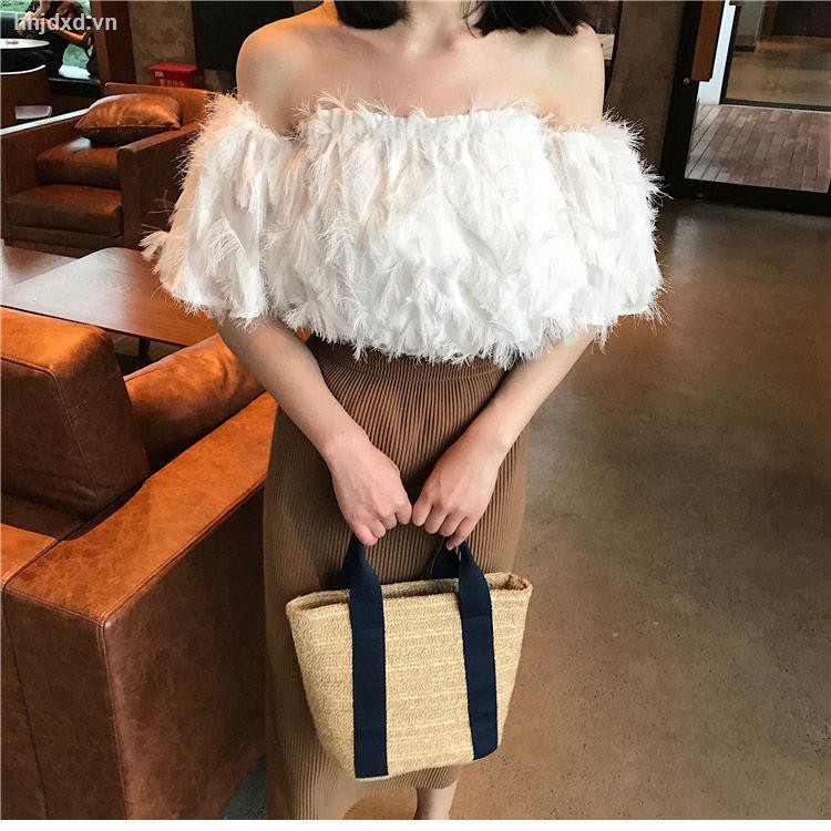 Áo voan trễ vai phối lông vũ thời trang quyến rũ dành cho nữ