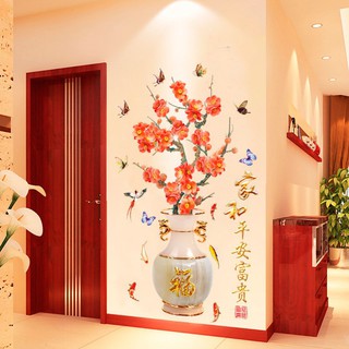 Decal dán tường Bình hoa đào đỏ 3D to nhất