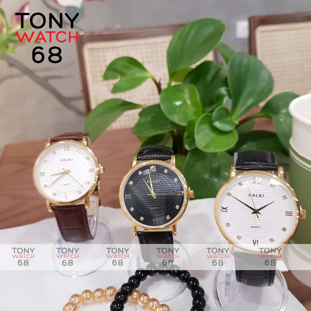 Đồng hồ nữ Halei dây da nâu mặt số la mã nhấn đá chống nước chính hãng Tony Watch 68 | BigBuy360 - bigbuy360.vn