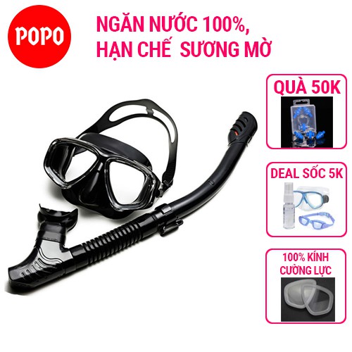 Kính lặn biển kèm ống thở POPO với 2 van ngăn nước 100%, mặt nạ lặn biển mắt kính cường lực