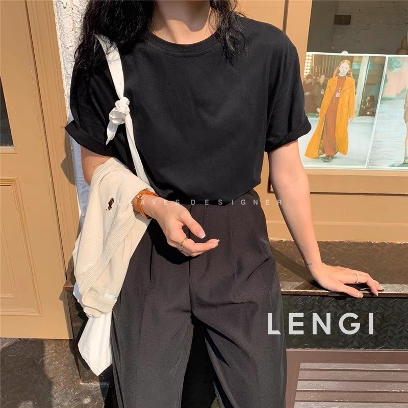 Áo thun cổ tròn trơn nữ basic LENGI  tay lỡ 100% cotton hai màu trắng đen cao cấp - LK005