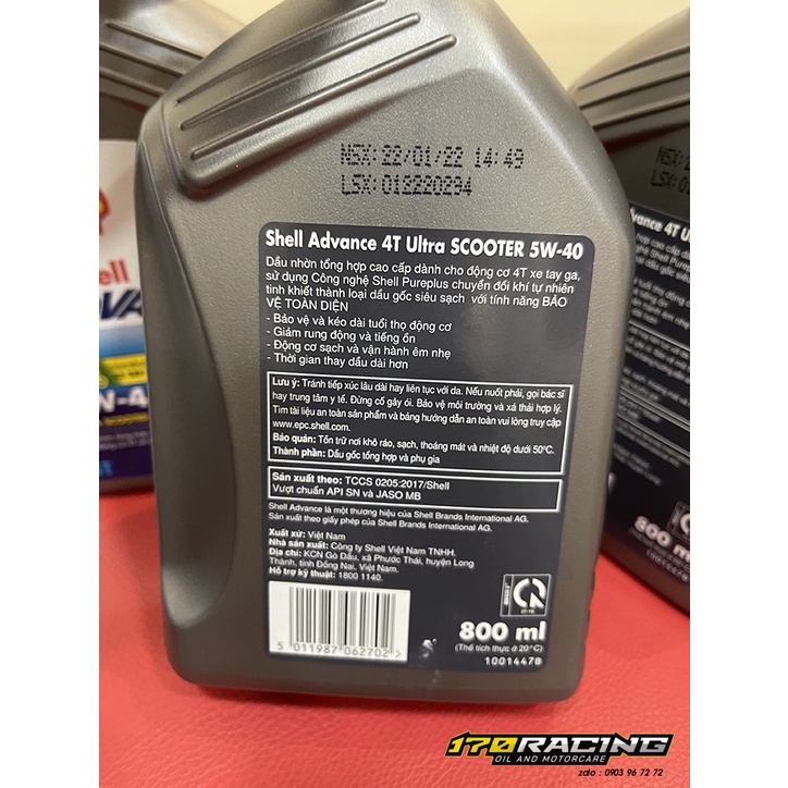 Nhớt Xe Ga SHELL ADVANCE 5W-40 ULTRA SCOOTER | API SN SHELL with PUREPLUS TECHNOLOGY Dung Tích 800 ML - 1000 ML