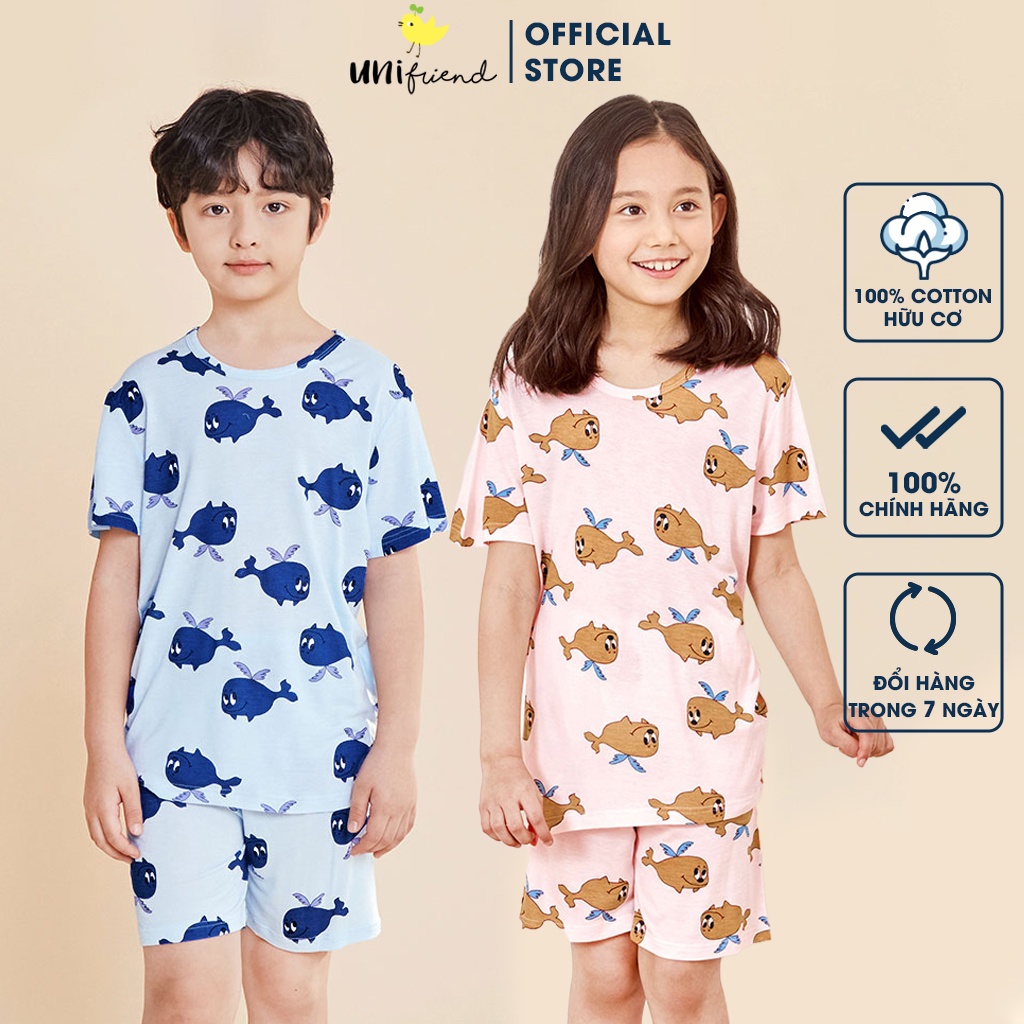 Đồ bộ quần áo ngắn tay vải sợi tre cao cấp dành cho bé trai, bé gái mặc nhà mùa hè Unifriend Hàn Quốc U2022-9