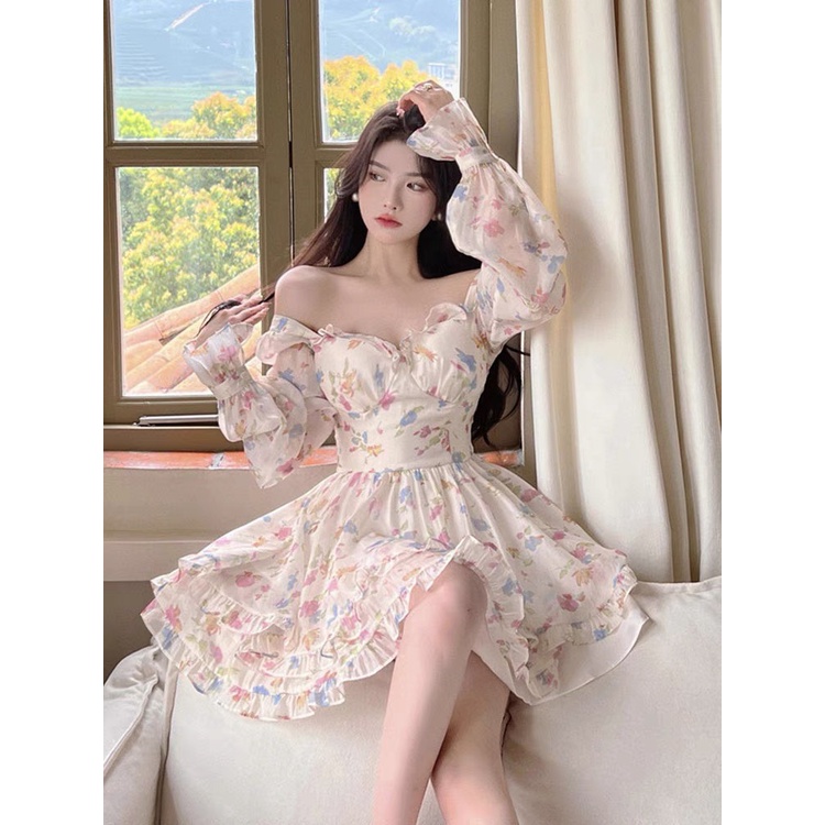 ĐẦM HOA CÚP NGỰC BÈO RỚT VAI TAY DÀI XÒE NHẸ