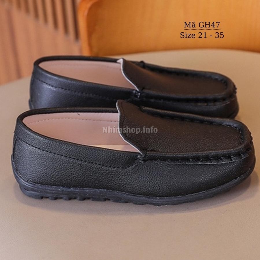 Giày lười mọi moca cho bé trai 1 đến 8 tuổi màu đen êm nhẹ chống trơn mặc vest đi tiệc đi học phong thời trang GH47