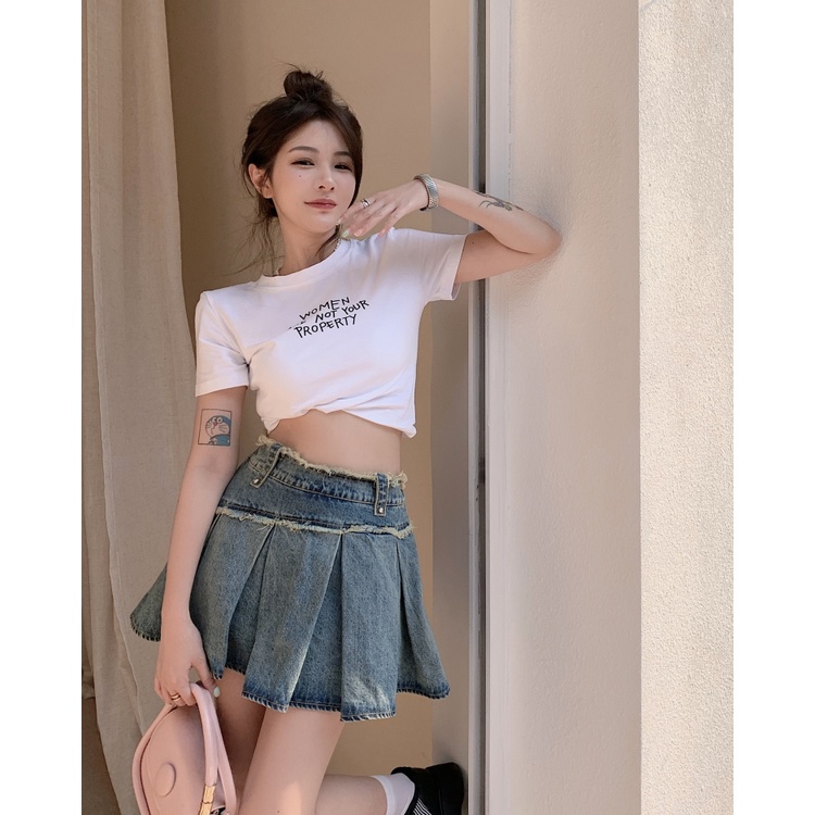 QKOOLE  Áo Thun Croptop Tay Ngắn Màu Trắng Phong Cách Hàn Quốc Cho Nữ