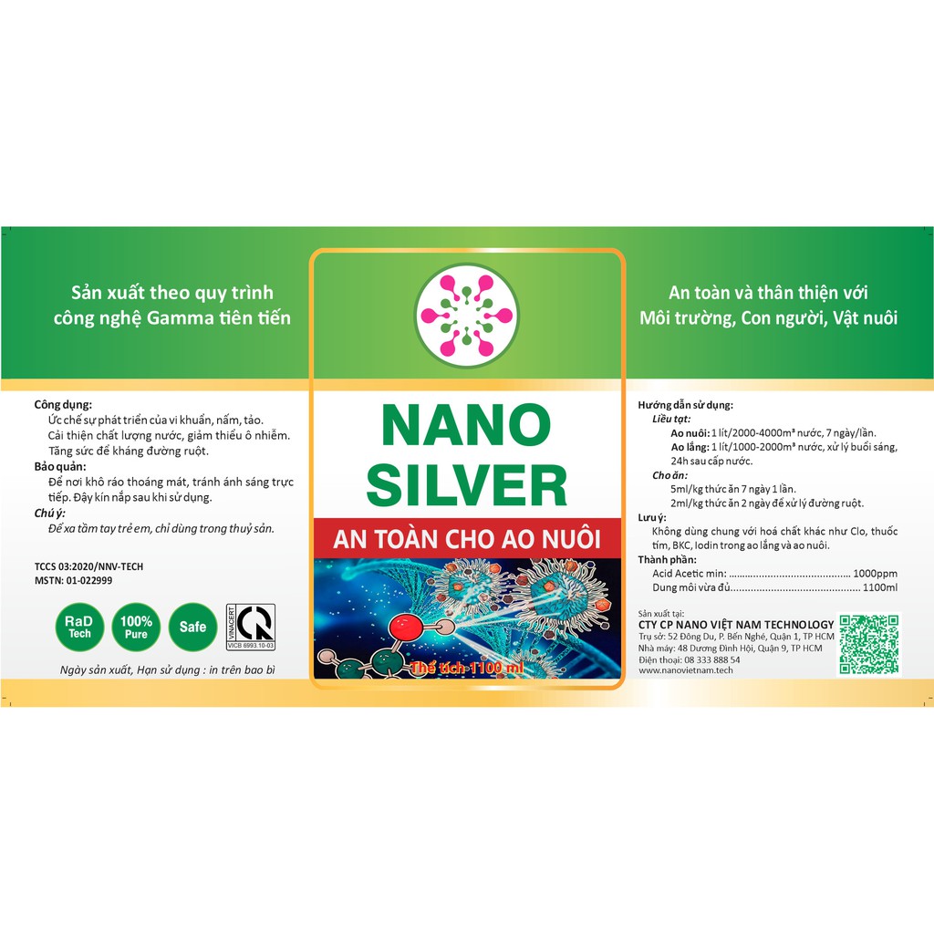 Nano silver 100% nguyên chất nano bạc Nano Vietnam Tech cho tôm, cá và động vật thủy sinh 1100ML