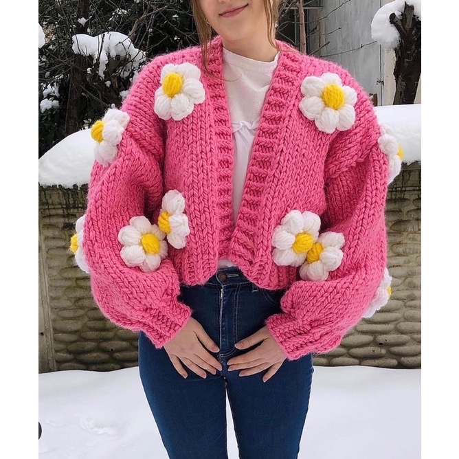 Áo khoác Cardigan len móc thủ công đính hoa nổi