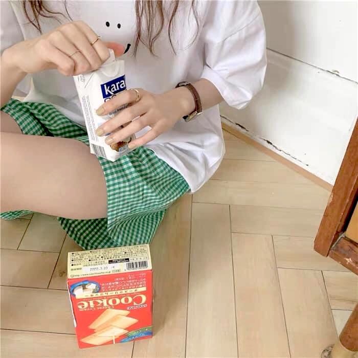 Set Mặt Cười Short Caro Xanh PEONYB Nữ [FREESHIP]  Bộ ngủ áo thun trắng smile quần sooc đùi kẻ form rộng Ulzzang